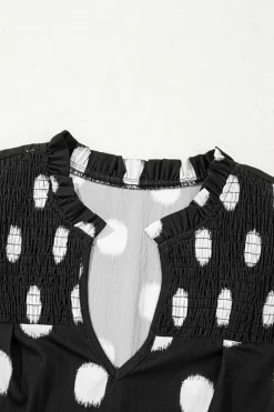 Fashion Dear-Lover Polka Dot Print Shirred Yoke Notched Neck Balloon Sleeve Blouse Black
