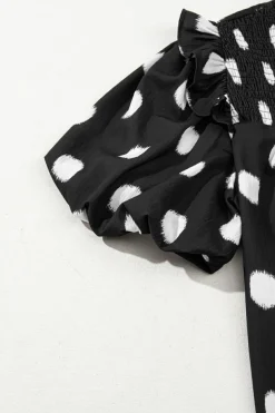 Fashion Dear-Lover Polka Dot Print Shirred Yoke Notched Neck Balloon Sleeve Blouse Black