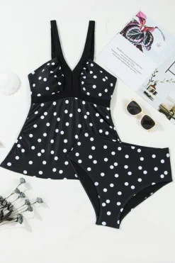 Online Dear-Lover Polka Dot Print V Neck Tankini Set Black