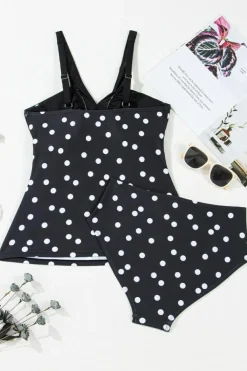 Online Dear-Lover Polka Dot Print V Neck Tankini Set Black