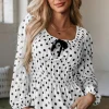 New Dear-Lover Polka Dot Puff Sleeve Bow Square Neck Peplum Top Black