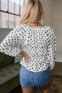 New Dear-Lover Polka Dot Puff Sleeve Bow Square Neck Peplum Top Black