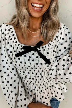New Dear-Lover Polka Dot Puff Sleeve Bow Square Neck Peplum Top Black