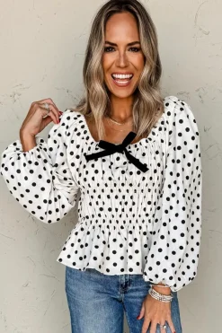 New Dear-Lover Polka Dot Puff Sleeve Bow Square Neck Peplum Top Black