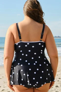 Discount Dear-Lover Polka Dot Trim V Neck Plus Size Swim Dress Black
