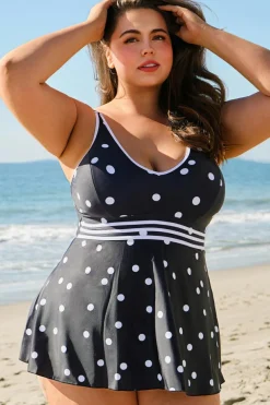 Discount Dear-Lover Polka Dot Trim V Neck Plus Size Swim Dress Black