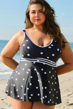 Discount Dear-Lover Polka Dot Trim V Neck Plus Size Swim Dress Black