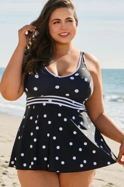 Discount Dear-Lover Polka Dot Trim V Neck Plus Size Swim Dress Black