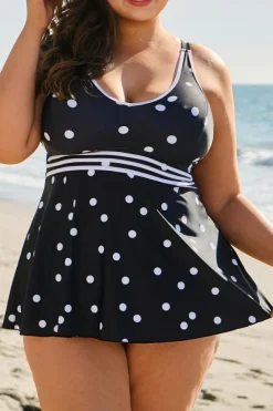 Discount Dear-Lover Polka Dot Trim V Neck Plus Size Swim Dress Black
