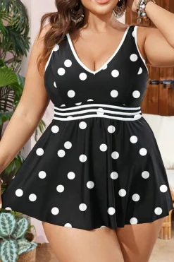 Discount Dear-Lover Polka Dot Trim V Neck Plus Size Swim Dress Black