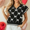 Fashion Dear-Lover Preppy Vibes Bow Print Zipped Collar Sweater Tee Black