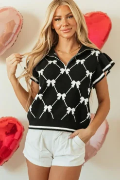 Fashion Dear-Lover Preppy Vibes Bow Print Zipped Collar Sweater Tee Black
