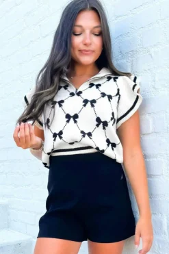 Fashion Dear-Lover Preppy Vibes Bow Print Zipped Collar Sweater Tee Black