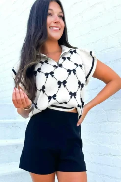 Fashion Dear-Lover Preppy Vibes Bow Print Zipped Collar Sweater Tee Black
