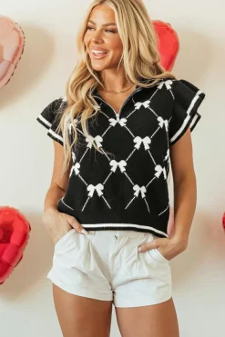 Fashion Dear-Lover Preppy Vibes Bow Print Zipped Collar Sweater Tee Black