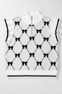 Fashion Dear-Lover Preppy Vibes Bow Print Zipped Collar Sweater Tee Black