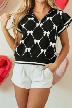 Fashion Dear-Lover Preppy Vibes Bow Print Zipped Collar Sweater Tee Black