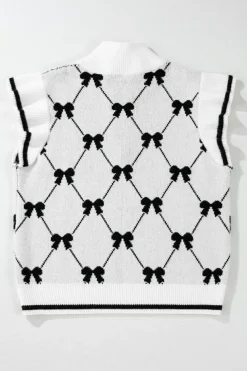 Fashion Dear-Lover Preppy Vibes Bow Print Zipped Collar Sweater Tee Black