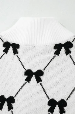 Fashion Dear-Lover Preppy Vibes Bow Print Zipped Collar Sweater Tee Black