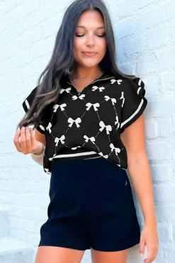 Fashion Dear-Lover Preppy Vibes Bow Print Zipped Collar Sweater Tee Black