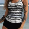 Outlet Dear-Lover Double Straps Printed Tankini Top with Shorts 2pcs Swimsuit Black Printed
