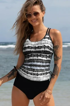 Outlet Dear-Lover Double Straps Printed Tankini Top with Shorts 2pcs Swimsuit Black Printed