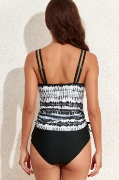 Outlet Dear-Lover Double Straps Printed Tankini Top with Shorts 2pcs Swimsuit Black Printed
