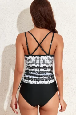 Outlet Dear-Lover Double Straps Printed Tankini Top with Shorts 2pcs Swimsuit Black Printed