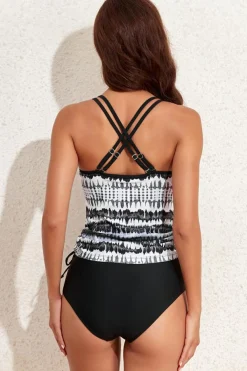 Outlet Dear-Lover Double Straps Printed Tankini Top with Shorts 2pcs Swimsuit Black Printed