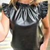 New Dear-Lover PU Leather Frilly Ruffle Trim Blouse Black