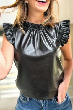 New Dear-Lover PU Leather Frilly Ruffle Trim Blouse Black