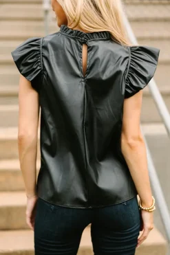 New Dear-Lover PU Leather Frilly Ruffle Trim Blouse Black