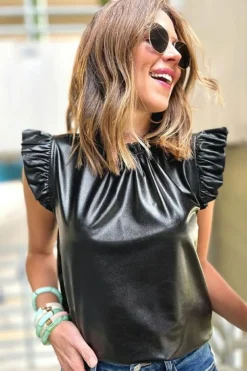 New Dear-Lover PU Leather Frilly Ruffle Trim Blouse Black