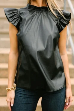 New Dear-Lover PU Leather Frilly Ruffle Trim Blouse Black