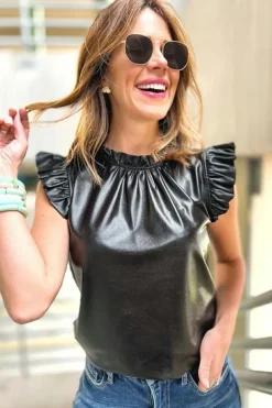 New Dear-Lover PU Leather Frilly Ruffle Trim Blouse Black
