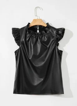 New Dear-Lover PU Leather Frilly Ruffle Trim Blouse Black