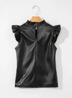New Dear-Lover PU Leather Frilly Ruffle Trim Blouse Black