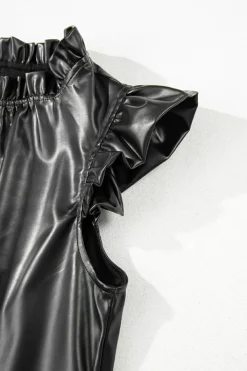 New Dear-Lover PU Leather Frilly Ruffle Trim Blouse Black