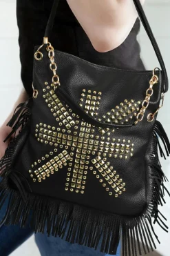 New Dear-Lover PU Leather Rivet Fringed Large One Shoulder Bag Black