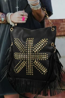 New Dear-Lover PU Leather Rivet Fringed Large One Shoulder Bag Black