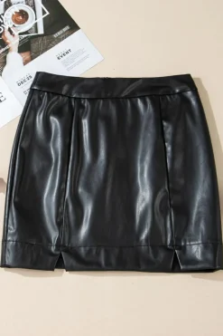 New Dear-Lover PU Leather Side Slits Slim Fit High Waist Mini Skirt Black