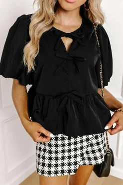 Sale Dear-Lover Puff Sleeve Bowknot Front Peplum Blouse Black