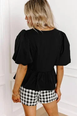 Sale Dear-Lover Puff Sleeve Bowknot Front Peplum Blouse Black