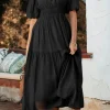 Sale Dear-Lover Puff Sleeve Pleated High Waist Flowy Midi Dress Black