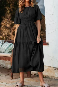 Sale Dear-Lover Puff Sleeve Pleated High Waist Flowy Midi Dress Black
