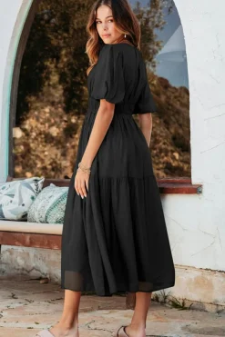 Sale Dear-Lover Puff Sleeve Pleated High Waist Flowy Midi Dress Black