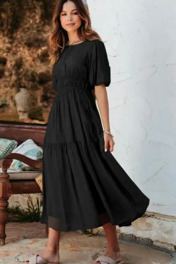 Sale Dear-Lover Puff Sleeve Pleated High Waist Flowy Midi Dress Black