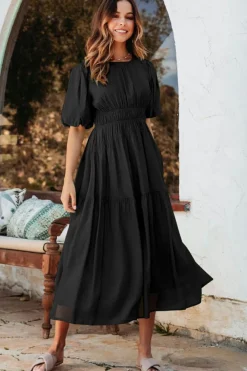 Sale Dear-Lover Puff Sleeve Pleated High Waist Flowy Midi Dress Black
