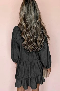 Best Dear-Lover Puff Sleeve V Neck Tiered Ruffled Chambray Mini Dress Black