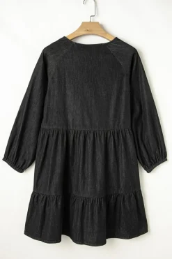 Best Dear-Lover Puff Sleeve V Neck Tiered Ruffled Chambray Mini Dress Black